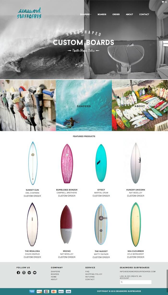 hawaii web design Seasword Surfboards shopify homepage